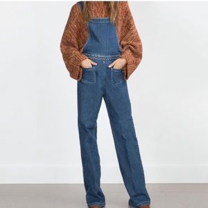 Zara Retro Wide Leg Denim Overalls with Braided Waist Size Small